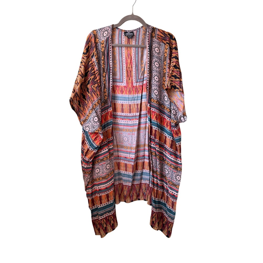 ANGIE Women's Size L Boho Kimono Duster‎ Jacket Orange Aztec Print Rayon